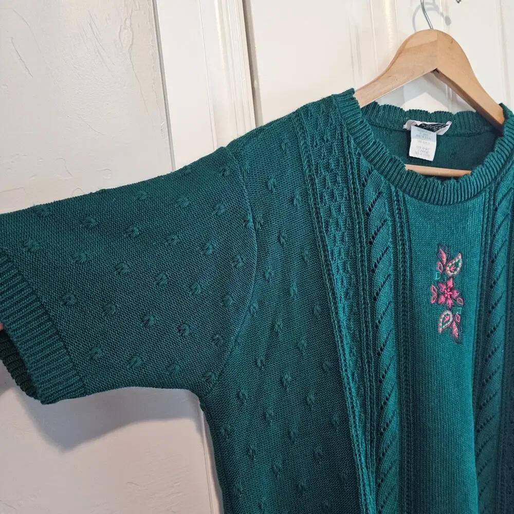 Vintage Floral Sweater Women Lg Green Paisley Knit Twee Preppy Cottage Neutral